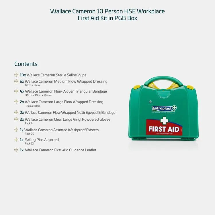 Wallace Cameron 10 person HSE Workplace First Aid Kit in PGB Box shown on a light gray background with a contents list on the left and the green first aid box on the right. The box is branded Astroplast and has a red FIRST AID label.