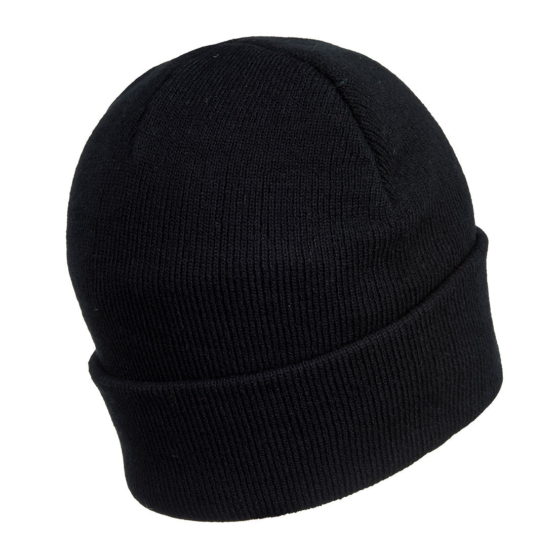 Black knit beanie on a white background