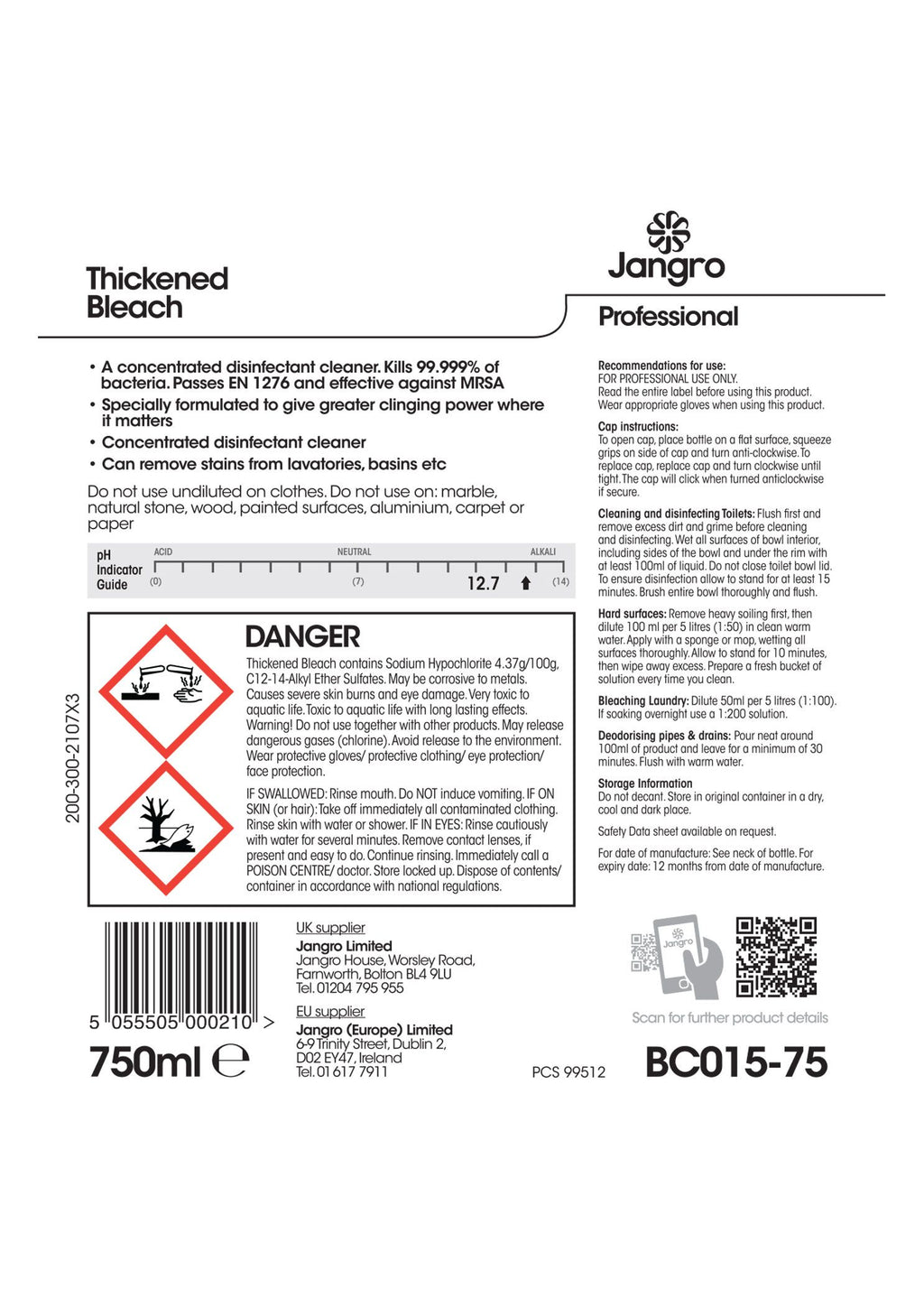 Jangro Professional Thickened Bleach - 750ml BC015-75