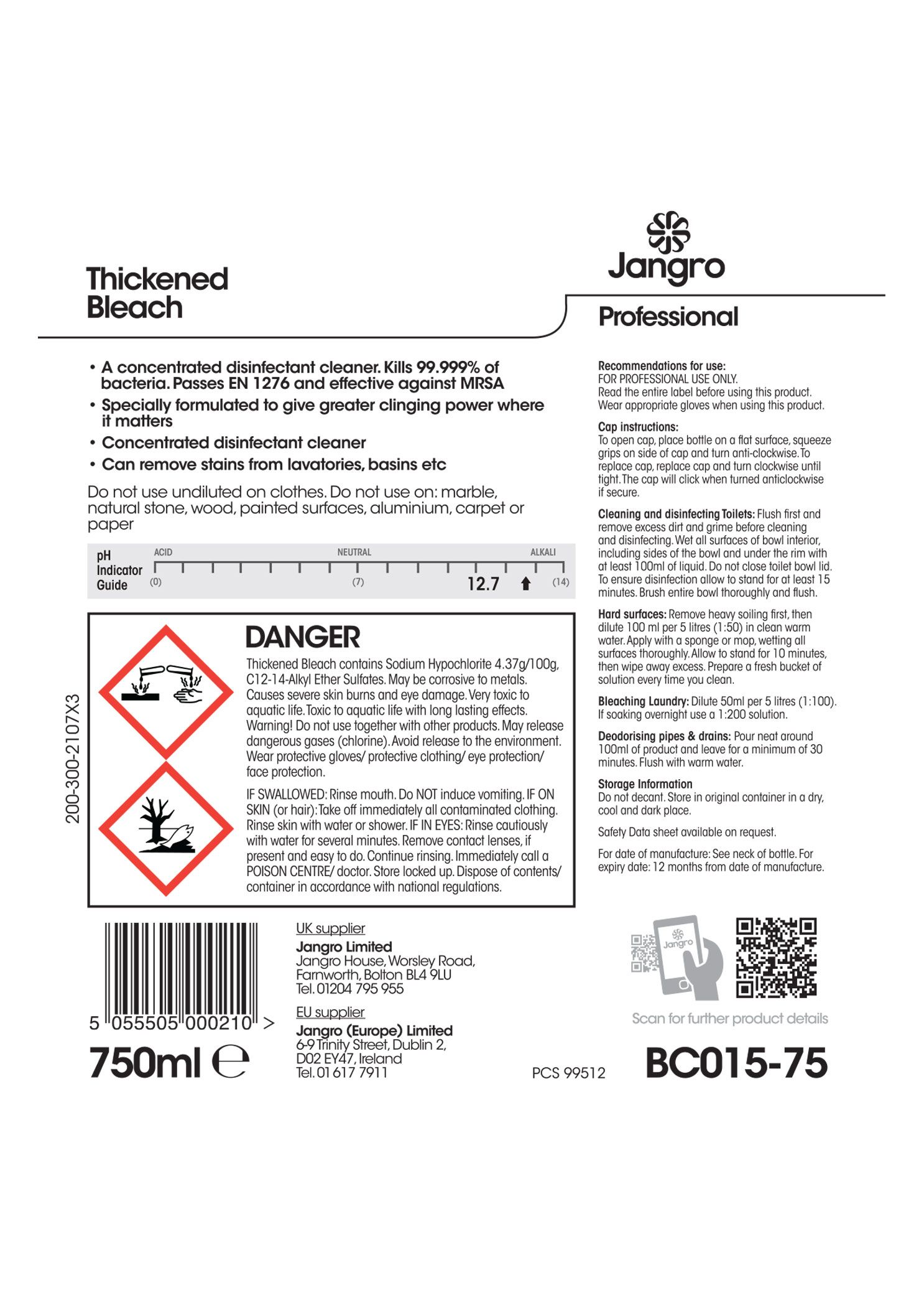 Jangro Professional Thickened Bleach - 750ml BC015-75