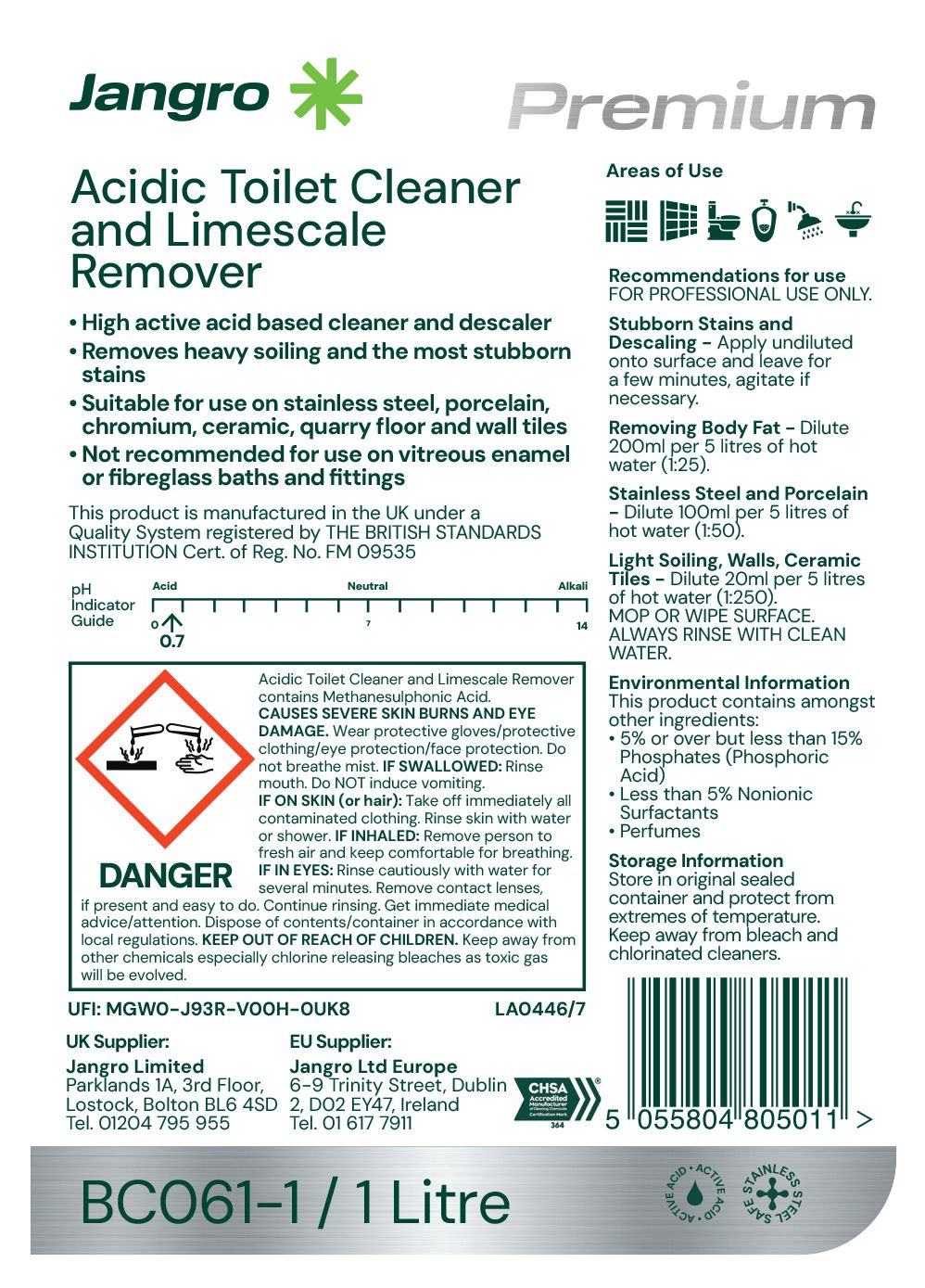 Jangro Premium Acidic Toilet Cleaner and Limescale Remover - 1L  BC061-1