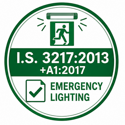 Two certification logos for emergency lighting and fire alarm systems with text and symbols.