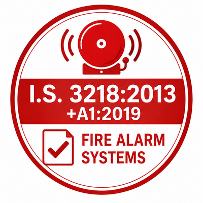 Two certification logos for emergency lighting and fire alarm systems with text and symbols.