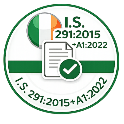 Two certification logos, one green and one red, with text and symbols indicating compliance standards.