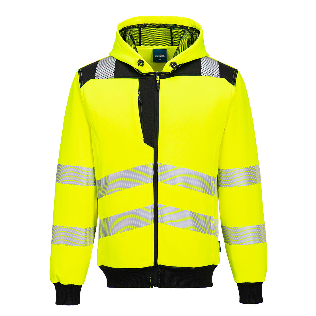 High-visibility yellow jacket with reflective stripes on a white background