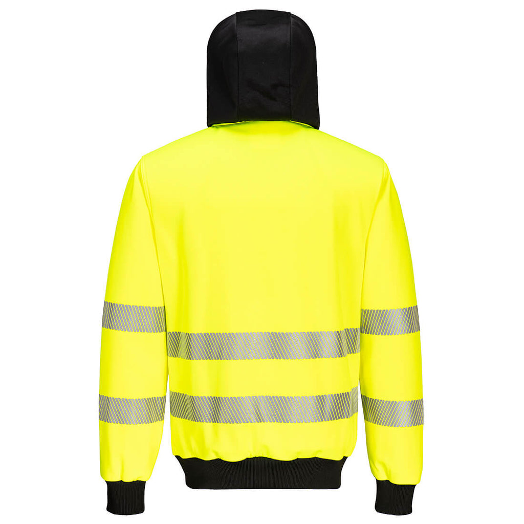 Yellow high-visibility jacket with reflective stripes on a white background