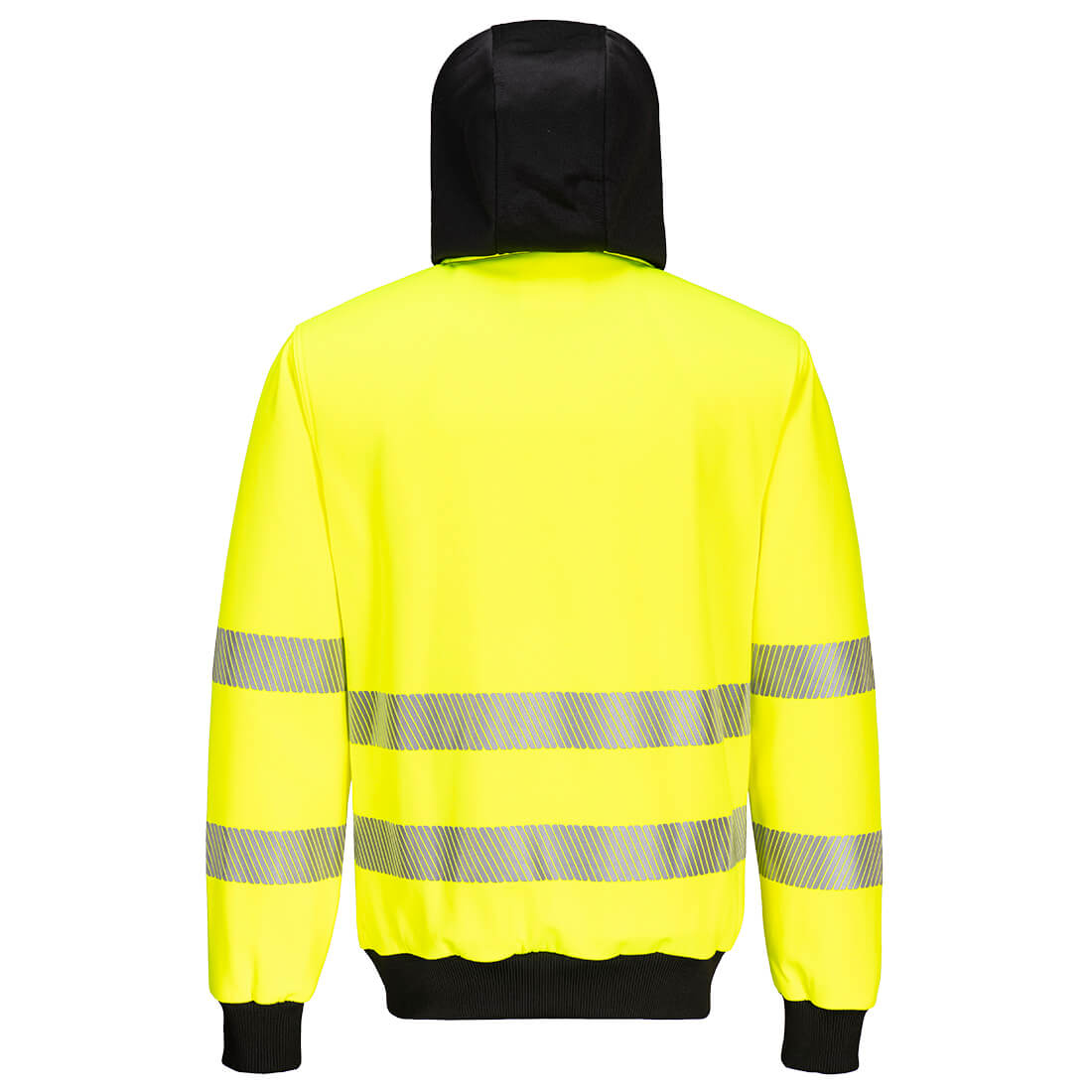 Yellow high-visibility jacket with reflective stripes on a white background